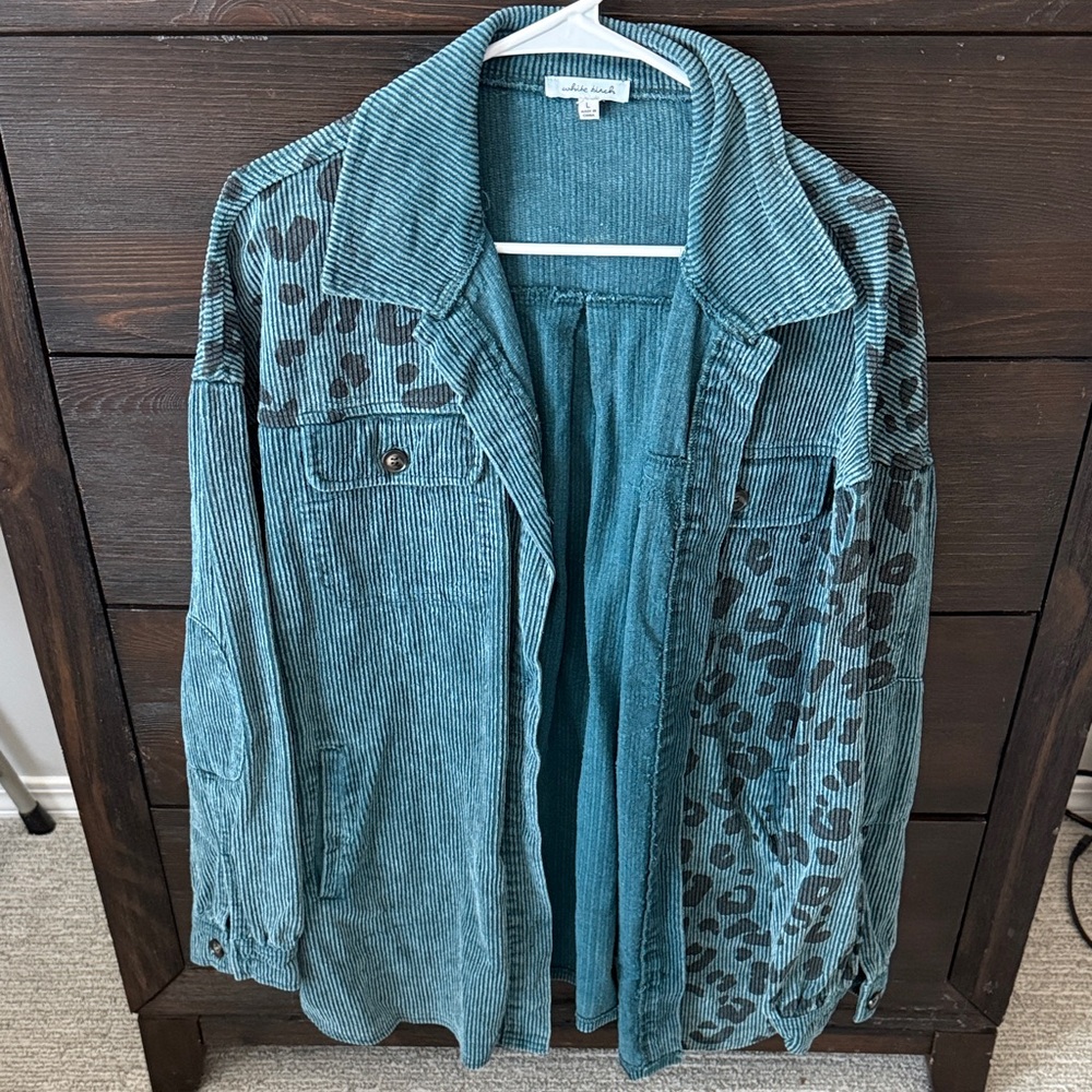 White Birch Teal Corduroy Utility Jacket with Animal Print